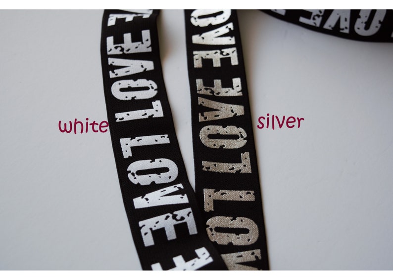 Waistband The price is for 1 yard 1.5 inch 38mm Wide Gold SILVER and WHITE Love Letters Printed Black Plush Comfortable Elastic Band