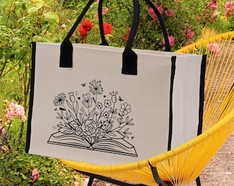 Floral Book Tote Bag Graduation Gift Library Tote School Bag Book worm Bookish Tote Wildflower Book Lover Gift Reader Bloom Canvas Tote