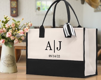 Bolsa tote bordada personalizada com iniciais e data, lona 100% algodão e sacola personalizada chique para dama de honra, aniversário, dia de casamento