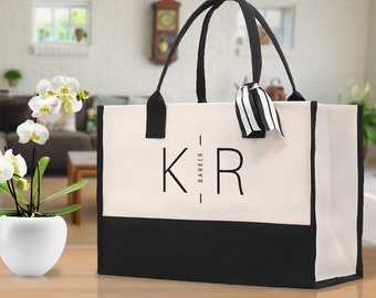 Initials and Last Name Customized Embroidered Tote Bag 100% Cotton Canvas Chic Personalized Tote Bag for Bridesmaid Anniversary Wedding Day