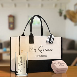 Mrs. Last Name Est Year Tote Bag Personalized Date Wedding Tote Bridal Shower Gift Honeymoon Gift Customized Wedding Gift Bridesmaid Gift