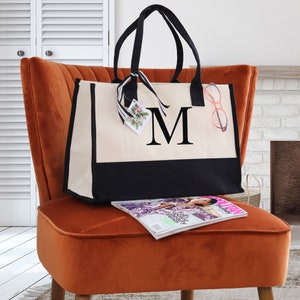 Personalized Monogram Embroidery Cotton Canvas Beach Tote Bag Initial Tote Bridesmaid Gift Tote Custom Beach Bag Gift for Her A-Z Black image 3