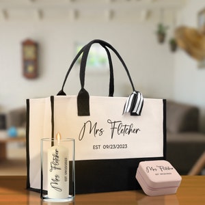 Mrs. Last Name Est Year Tote Bag Personalized Date Wedding Tote Bridal Shower Gift Honeymoon Gift Customized Wedding Gift Bridesmaid Gift
