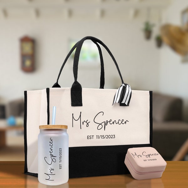 Mrs. Nachname Est Jahr Tote Bag Personalisierte Datum Hochzeit Tote Brautdusche Geschenk Flitterwochen Geschenk Angepasstes Hochzeitsgeschenk Brautjungfer Geschenk