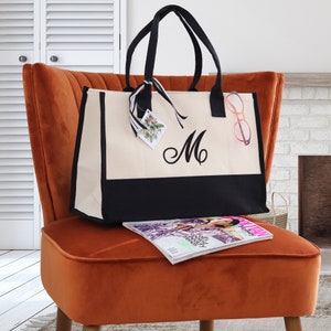 Personalized Monogram Embroidery Cotton Canvas Beach Tote Bag Initial Tote Bridesmaid Gift Tote Custom Beach Bag Gift for Her A-Z - Black