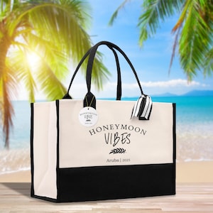 Honeymoon Vibes Personalized Canvas Tote Bag Custom Newlyweds Beach Tote Bag Honeymoon Gift Honeymoon Weekender Bag Engagement Gift