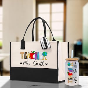 Sac fourre-tout personnalisé pour professeur : toile de coton, cadeau prénom personnalisé (TCT1005)