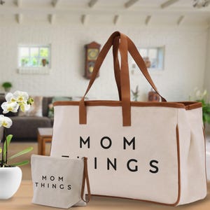 Mom Things Tote Bag: Canvas Shopping Bag with Leather Handles , Mama, Stuff, Mommy, Dog Mom Gift Dog, New, Gift Best, Ever