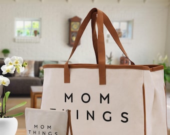 Mom Things Tote Bag: Canvas Shopping Bag with Leather Handles , Mama, Stuff, Mommy, Dog Mom Gift Dog, New, Gift Best, Ever