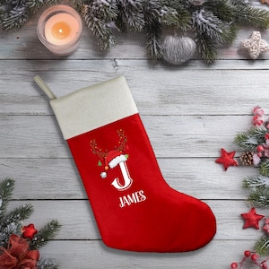 Personalized Initial Name Merry Christmas Stocking Custom Red & White Soft Family Holiday Decor Monogram Name Xmas Stocking (CS1002)