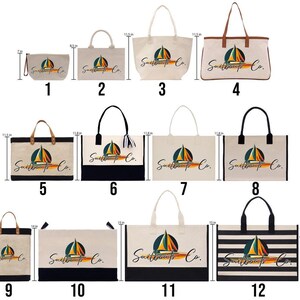 a collection of various sizes of tote bags and purses, each with a different design and color scheme. The bags feature the text "Sunsational Co." and include a sailboat graphic, suggesting they are related to the brand or theme of the company.