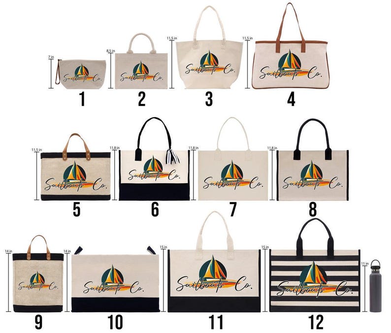 a collection of various sizes of tote bags and purses, each with a different design and color scheme. The bags feature the text "Sunsational Co." and include a sailboat graphic, suggesting they are related to the brand or theme of the company.