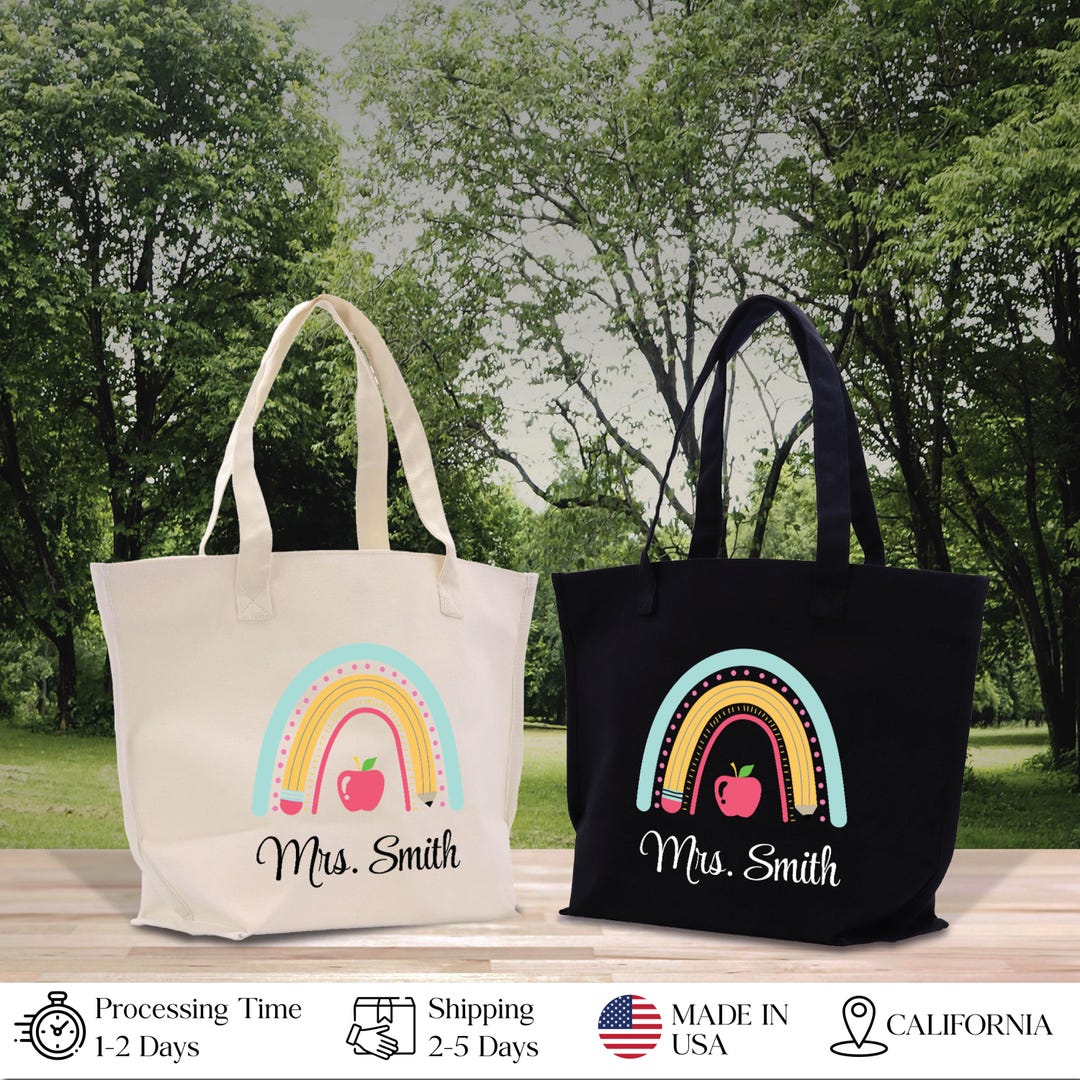 Personalized Teacher Tote Bag, Rainbow Apple Design, Appreciation Gift ...