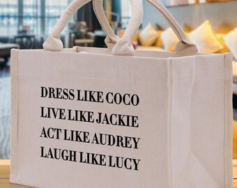 Borsa in tela di cotone con citazioni ispiratrici: Coco, Jackie, Audrey, Lucy (BJB1001)