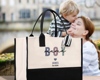 Personalized Boy Mom Canvas Tote Bag - New Mom Gift (BMTB1001)
