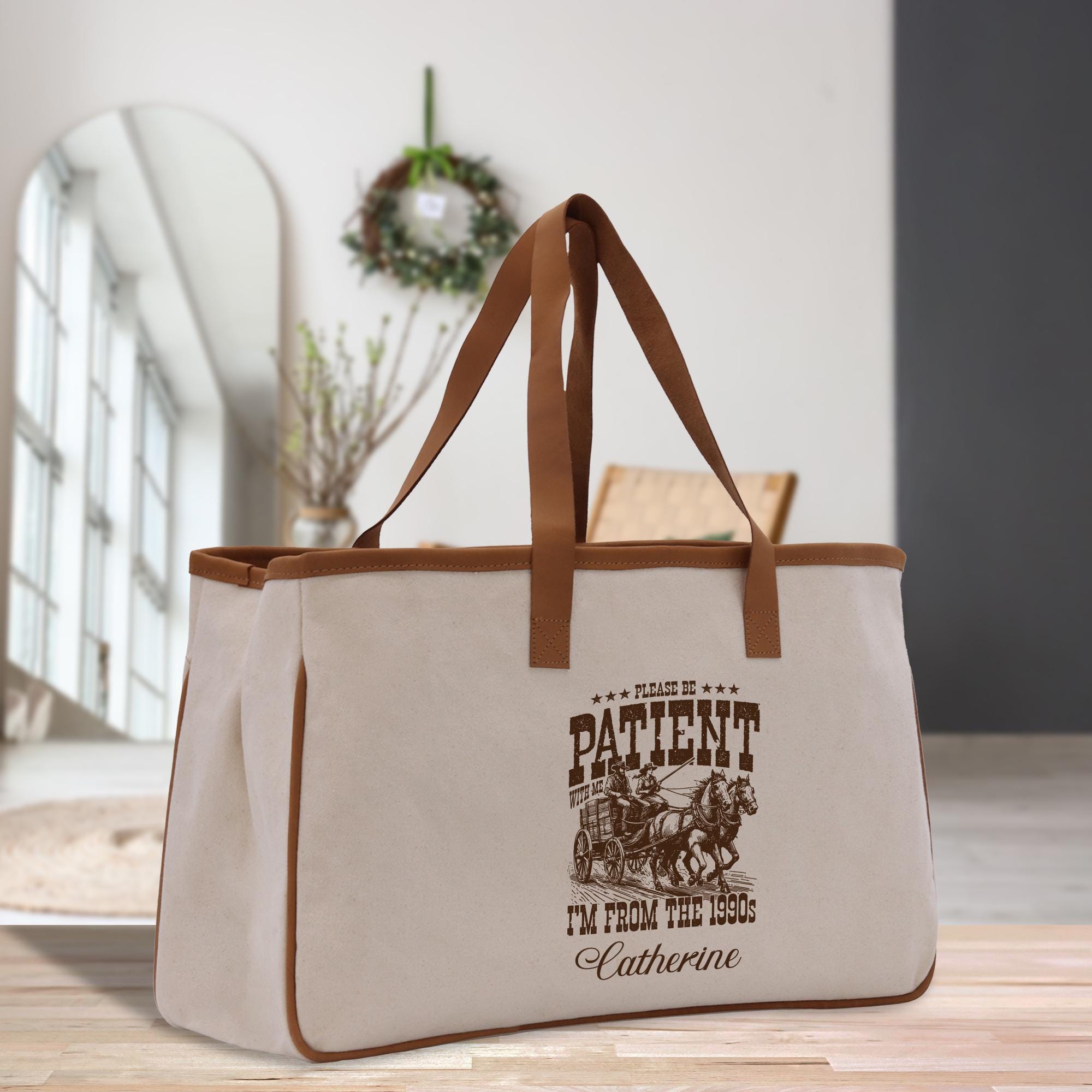 Funny 90s Meme Canvas Tote Bag With Leather Handles (VTB1016