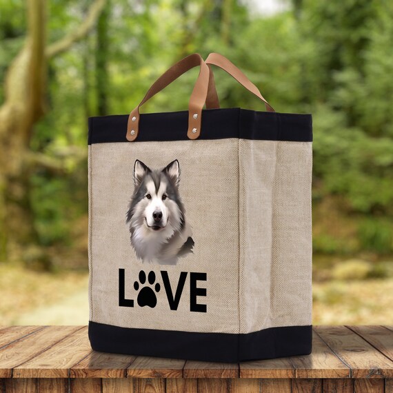 Alaskan Malamute Love Dog Jute Canvas Tote Funny Farmer Market Bag