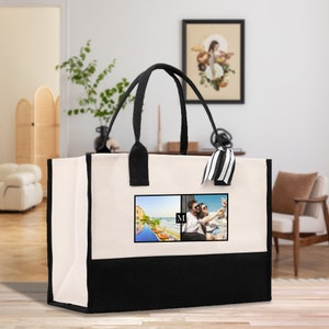 Custom Family Photo Collage and Initial Cotton Canvas Tote Bag Personalized Photo Tote Parent Gift Mothers Day Picture Image Tote (TPT1001)