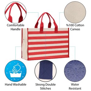 Striped Canvas Beach Tote Bag – XL, Zippered with Inner Pocket image 6
