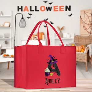 Halloween Trick or Treat Tote Bag Halloween Bag for Kids Halloween Gift Halloween Candy Bag Halloween Doodles Cute Canvas Tote Bag (HW1035)