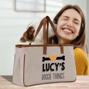 Doggie Things Personalized Dog Name Cotton Canvas Tote Bag Custom Name Puppy Owner Tote Bag Animal Lover Gift Bag Dog Mom Gift (DMT1007)