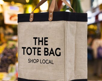 Jute Canvas Tote Bag, Leather Handles – Farmer Market Shopping Bag