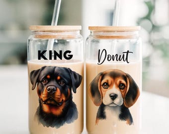Personalized Pet Face Coffee Mug, Frosted Glass Beer Can with Bamboo Lid (DPG1001)