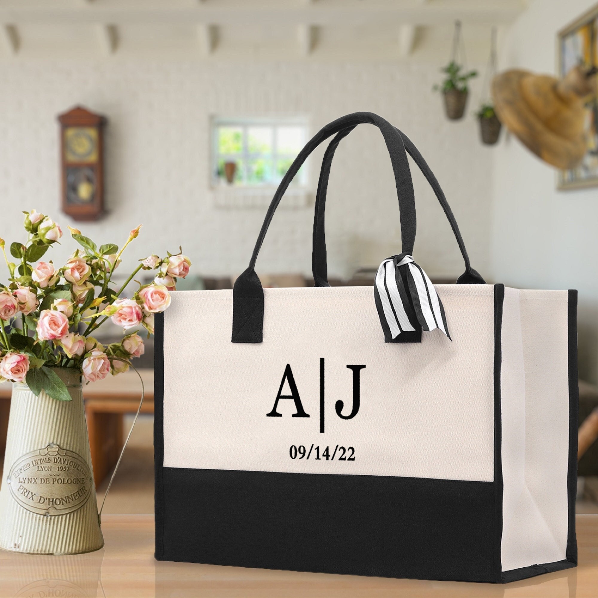 Mud Pie Classic Black and White Initial Canvas Tote Bags (R), 100% Cotton,  17 x 19 x 2