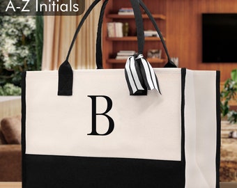 Personalized Monogram Embroidery Cotton Canvas Beach Tote Bag Initial Tote Bridesmaid Gift Tote Custom Beach Bag Gift for Her A-Z - Black