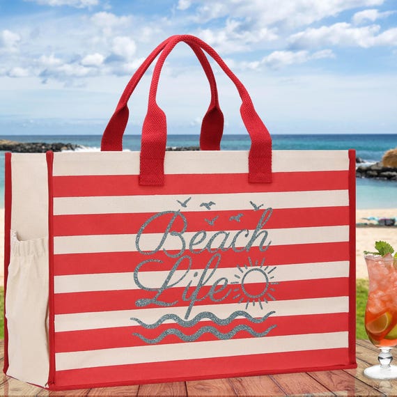Striped Canvas Beach Tote Bag – XL, Zippered with Inner Pocket