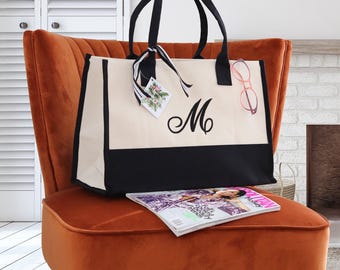 Personalized Monogram Embroidery Cotton Canvas Beach Tote Bag Initial Tote Bridesmaid Gift Tote Custom Beach Bag Gift for Her A-Z - Black