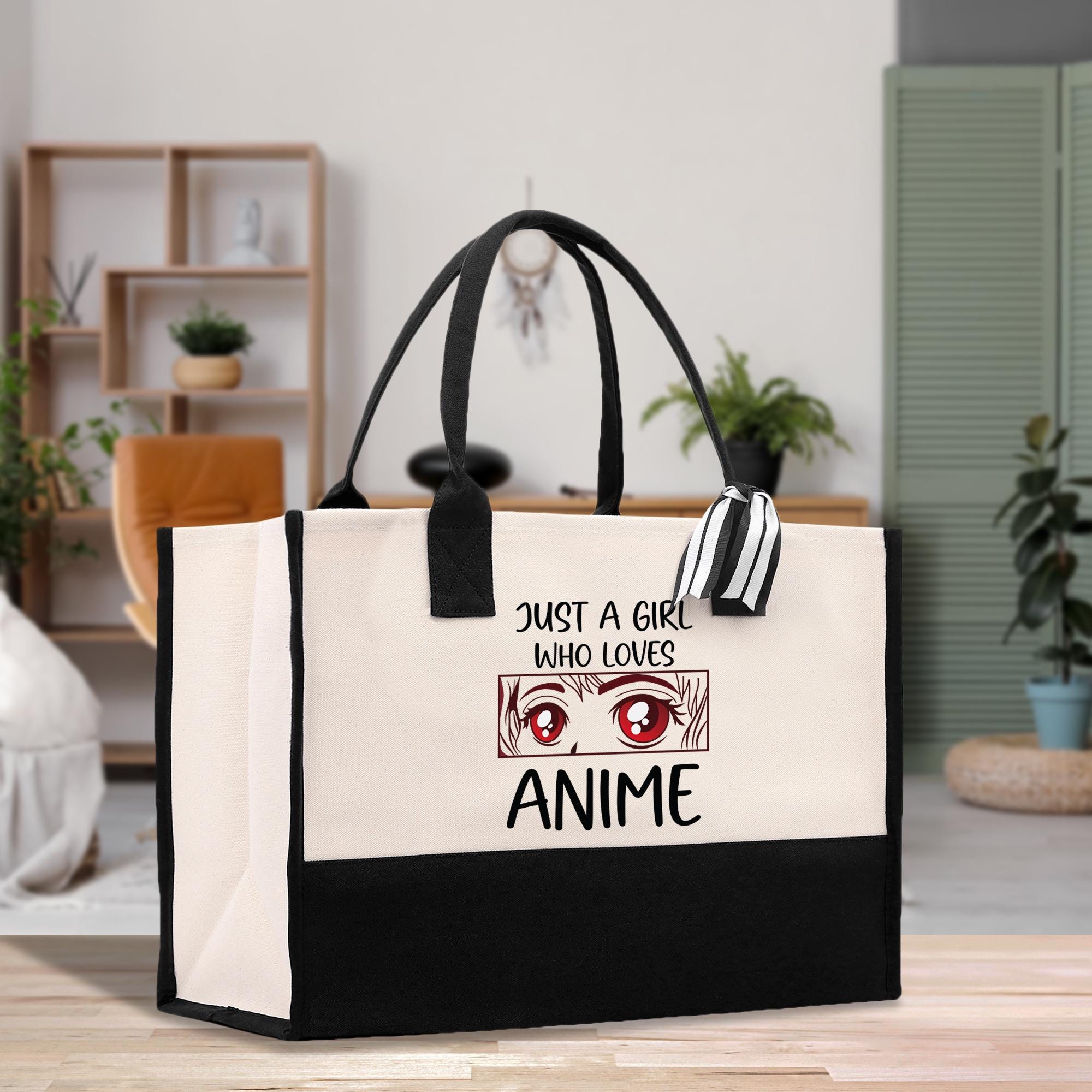 Anime Lover Cotton Canvas Tote Bag: Natural & Black Design