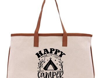 Happy Camper Cotton Canvas Chic Tote Bag Camping Tote