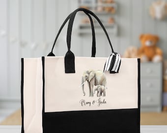 Elephant Mom And Baby Name Custom Cotton Canvas Tote Bag Custom Pet Lover Gift Pet Portrait Bag Personalized Pet Owner Gift Tote Bag