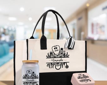 Nurse Stuff Floral Tote Benutzerdefinierte Name Personalisierte Baumwolle Canvas Tote Bag Krankenschwester Geschenk Zukünftige Krankenschwester Geschenk Nursing Studenten Abschlussgeschenk