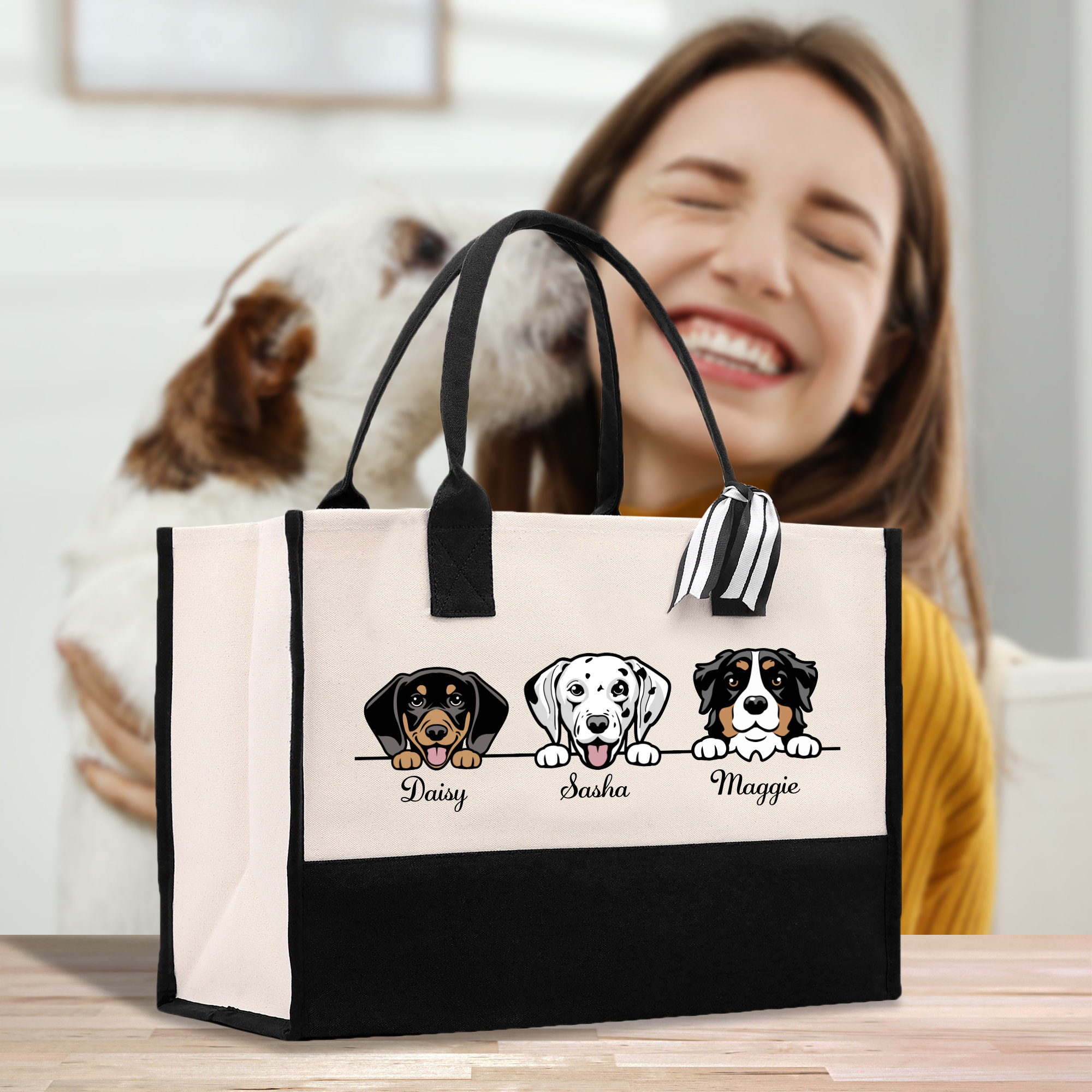 Personalized Dog Mom Cotton Canvas Tote Bag Custom Name and Dog Portrait Puppy Owner Tote Bag Pet Memorial Gift Animal Lover Gift Bag