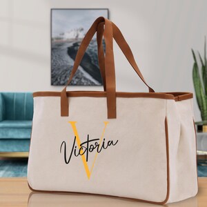 Personalized Cotton Canvas Tote Bag, Initial & Name, Bridesmaid Gift (IN1001)