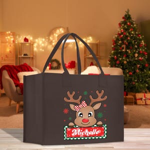 Personalized Name Christmas Cotton Canvas Large Tote Bag Custom Merry Christmas Gift Bag Xmas Party Bag Xmas Eve Gift Holiday Gift (CT1024)