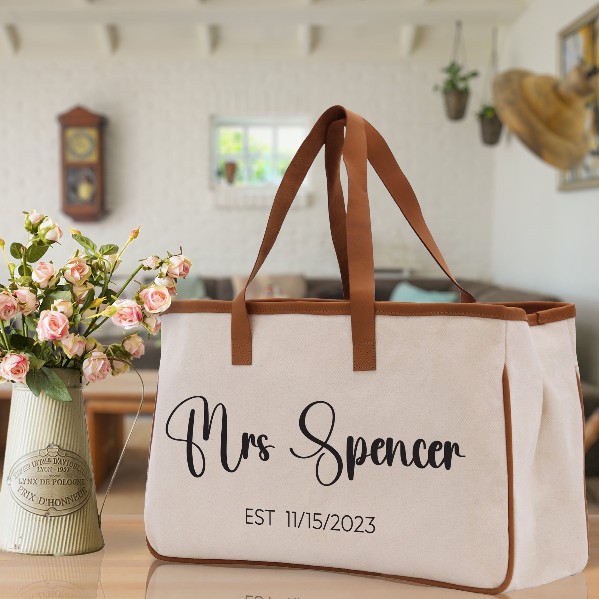 Mrs. Last Name Est Year Tote Bag Personalized Date Wedding Tote Bridal  Shower Gift Honeymoon Gift Customized Wedding Gift Bridesmaid Gift