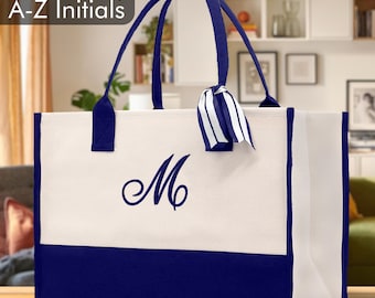 Personalized Monogram Embroidery Cotton Canvas Beach Tote Bag Initial Tote Bridesmaid Gift Tote Custom Beach Bag Gift for Her A-Z - Navy