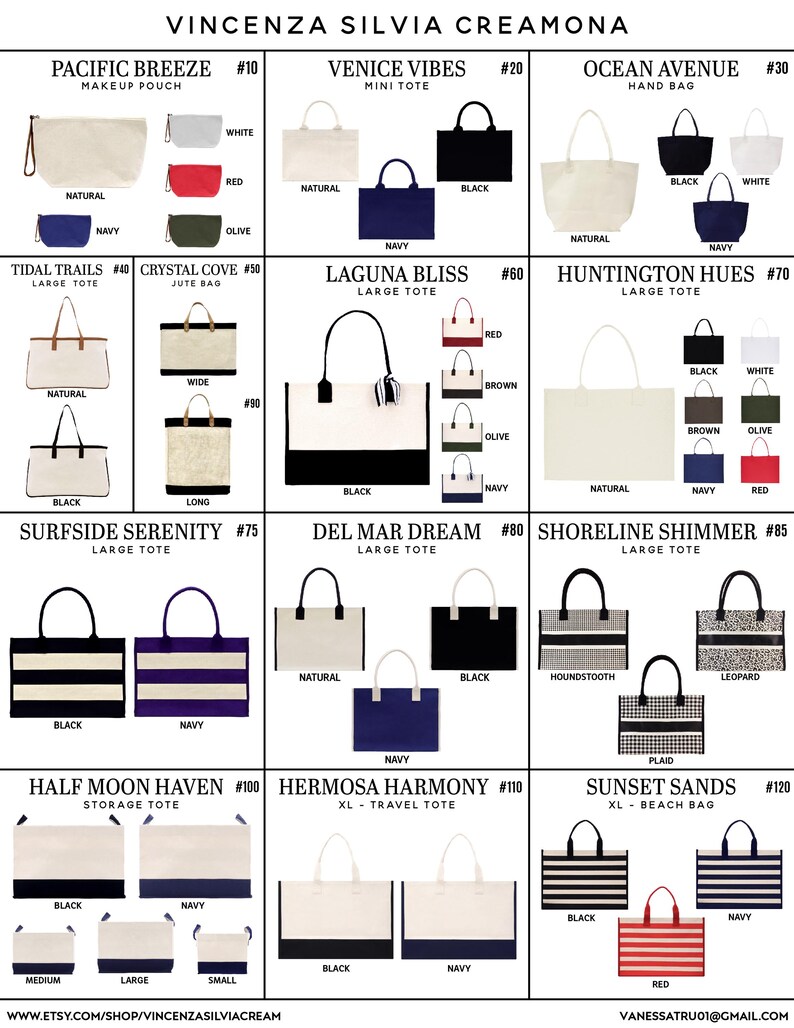 The image is a collage of various bags and accessories, including makeup pouches, hand bags, and tote bags, showcasing different colors, patterns, and styles.