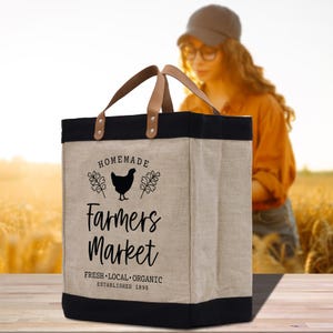 Farmers Market Jute Canvas Tote Funny Farmer Market Bag Quote Jute Bag Shopping Bag Burlap Bag Farmhouse Bag Grocery Bag (FT1018)