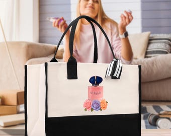 Personalized French Theme Canvas Tote Bag: Custom Paris Perfume Chic Shopping Gift (PRFT1004)