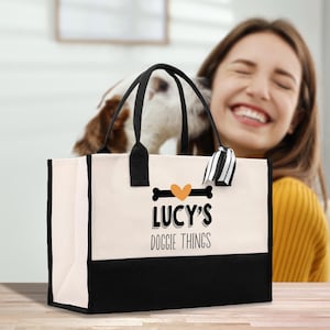 Doggie Things Personalized Dog Name Cotton Canvas Tote Bag Custom Name Puppy Owner Tote Bag Animal Lover Gift Bag Dog Mom Gift (DMT1006)