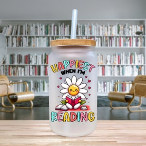 Happiest When I&#39;m Reading Frosted Can Glass Iced Coffee Can Glass Book Lover Glass Gift Bookish Theme Cup (RCG1001)