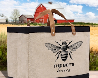Bee's Knees Jute Tote Bag, Funny Farmers Market Bag with Leather Handles (FT1012)