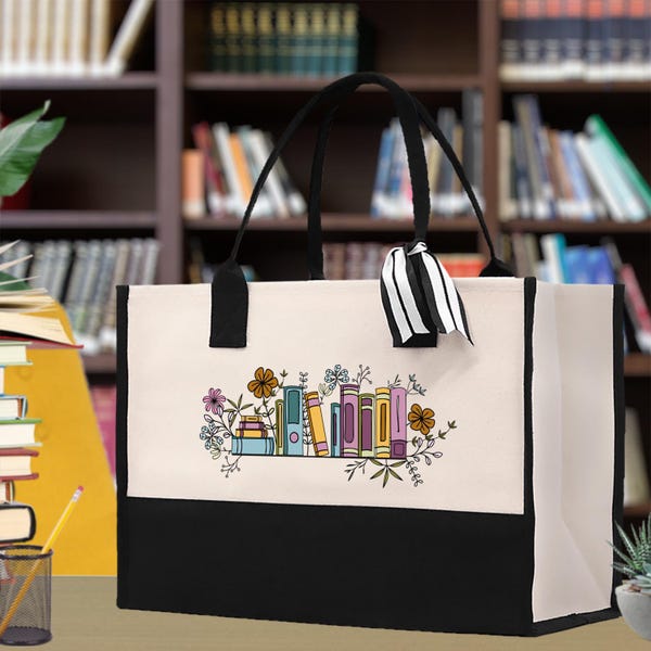Bolsa de lona com estampa floral de livros, presente para amantes de livros (FB1004)