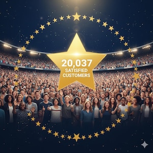 A large crowd of people gathered in a stadium, with a large golden star prominently displayed in the center. The crowd appears to be celebrating or cheering, and the image conveys a sense of excitement and achievement.