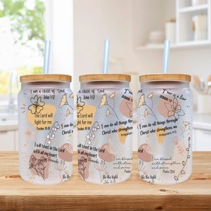 Bible Verse 16 Oz Can Glass with Lid and Straw Christian Iced Coffee Cup Christian Gift Cup Bible Verse Tumbler (CNG1001)