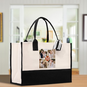 Custom Family Photo Collage and Initial Cotton Canvas Tote Bag Personalized Photo Tote Parent Gift Mothers Day Gift Picture Image Tote